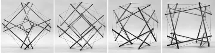 Kenneth Snelson constructed a series of four tensegrity structures that metamorphose slowly from evoking a truncated octahedron to evoking a truncated cube. Each model features 12 struts in a new arrangement; structural mechanics